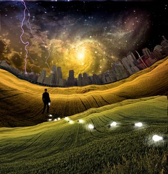 Surreal painting. Man is losing light bulbs in the green field. Light bulbs symbolizes ideas. Storm over city at the horizon. Colorful galaxies in the sky.