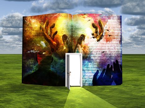 Surrealism. Book with opened door text and hands.