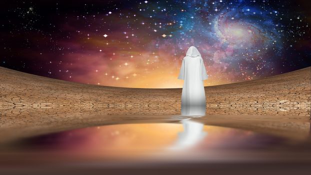 Desert and galactic sky with wandering cloaked figure
