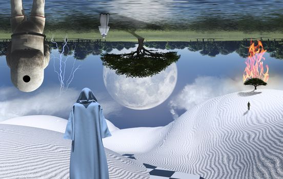 Astronaut stands in surreal white desert. Figures of man and monk in a distance. Burning tree on a sand dune. Big moon reflected in the ocean.