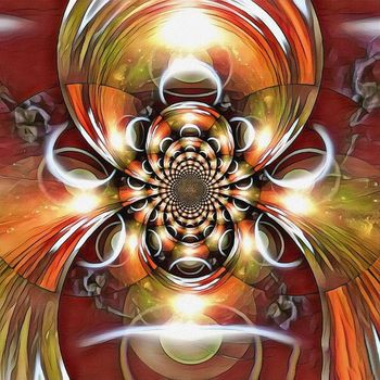 Abstract painting. Mirrored round fractal with a picture of eclipse.
