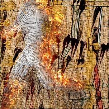 Abstraction. Burning figure of paper man. Stains and brush strokes at the background.