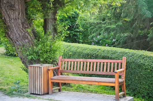 Wooden bench and waste bin under a tree in a park