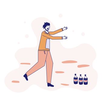 Soda addiction concept illustration. The man runs to the soda bottles. An unhealthy lifestyle, unhealthy diet, and a sweet tooth. illustration. Lines.