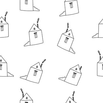 Cartoon Outline Hand Drawn Houses on White Background Seamless Pattern.