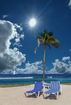 Two Chaise Lounges and Palm Tree on a peaceful, empty beach