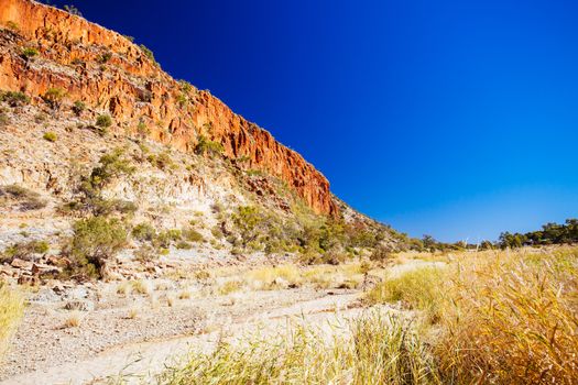 A view of Glen Helen Gorge on a clear winter's day in Northern Territory, Australia