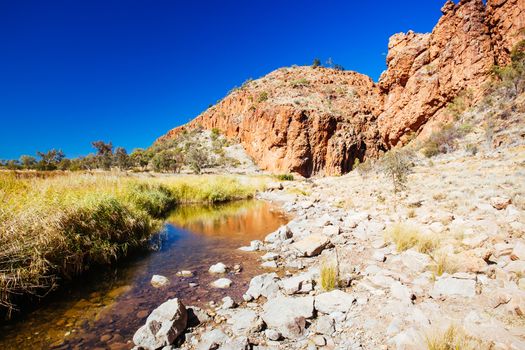 A view of Glen Helen Gorge on a clear winter's day in Northern Territory, Australia