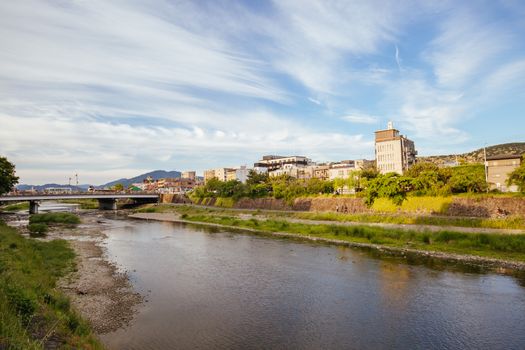 Ancient houses and restaurants along Kamo river in Gion, Kyoto, Japan