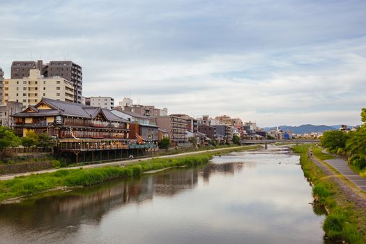 Ancient houses and restaurants along Kamo river in Gion, Kyoto, Japan