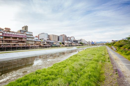 Ancient houses and restaurants along Kamo river in Gion, Kyoto, Japan