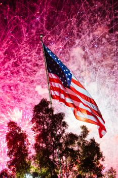 A bright, loud fireworks display on the 4th of July for Independance Day in Los Angeles, California, USA