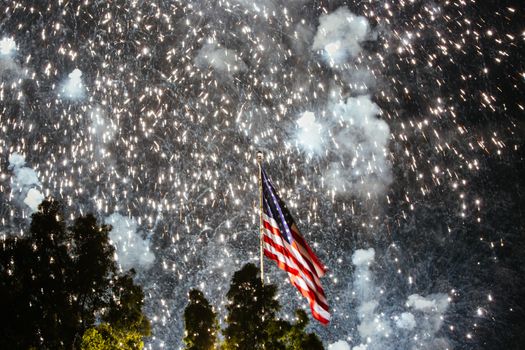 A bright, loud fireworks display on the 4th of July for Independance Day in Los Angeles, California, USA