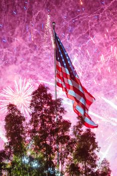 A bright, loud fireworks display on the 4th of July for Independance Day in Los Angeles, California, USA