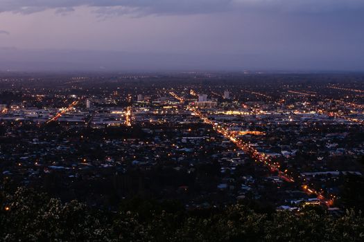The view from Cashmere Hill Lookout at sunset over Christchurch in Canterbury, New Zealand