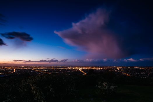 The view from Cashmere Hill Lookout at sunset over Christchurch in Canterbury, New Zealand