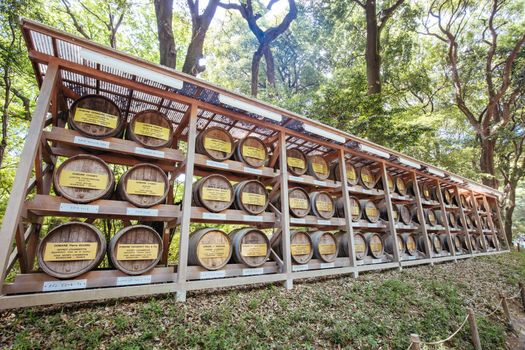 Tokyo, Japan - May 11 2019: Wine barrel gift at Meji-jingu Gyoen and Shrine which is a popular tourist attraction in Tokyo near Harajuku in Tokyo, Japan