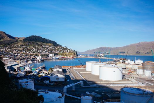 Lyttleton, New Zealand - September 18 2019: View over Lyttleton and shipping port for Christchurch in New Zealand