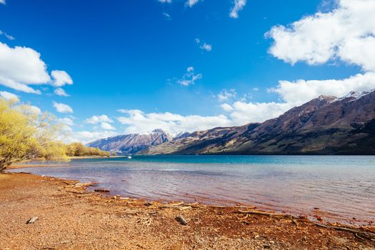 Glenorchy waterfront from the pier on Lake Wakatipu in Otago district of New Zealand