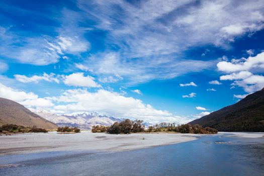 Stunning mountain landscape at Isengard Lookout in an area known as 'Middle Earth' between Paradise and Glenorchy in New Zealand