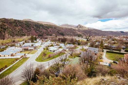 The view of historic gold mining town of Arrowtown from Feehly Hill Scenic Reserve in New Zealand