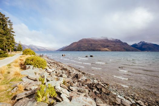 View over Frankton Arm from Queenstown Gardens on a sunny spring day in New Zealand