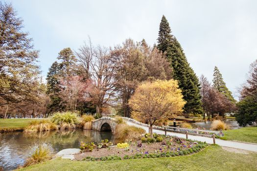Queenstown Gardens and surrounding landscape on a sunny spring day in New Zealand
