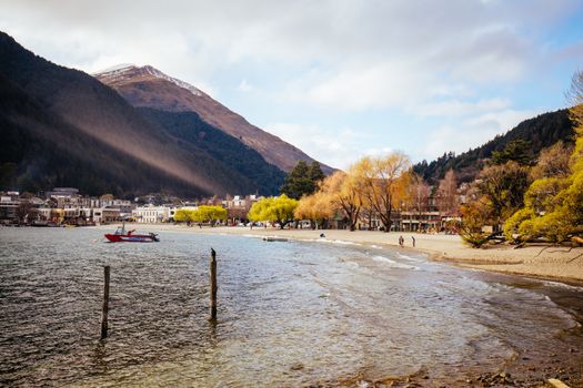 View towards Queenstown CBD from Queenstown Gardens on a sunny spring day in New Zealand