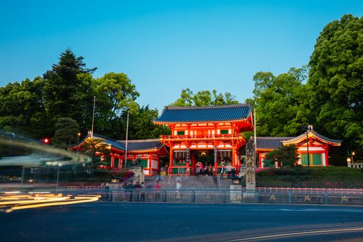 Kyoto, Japan - May 16 2019: Yasaka-Jinja Shrine from the intersection of Shijo-dori and Higashioji-dore Ave in Kyoto, Japan