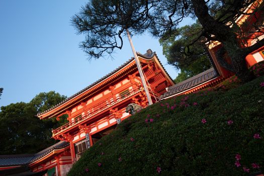 Kyoto, Japan - May 16 2019: Yasaka-Jinja Shrine from the intersection of Shijo-dori and Higashioji-dore Ave in Kyoto, Japan