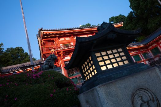 Kyoto, Japan - May 16 2019: Yasaka-Jinja Shrine from the intersection of Shijo-dori and Higashioji-dore Ave in Kyoto, Japan