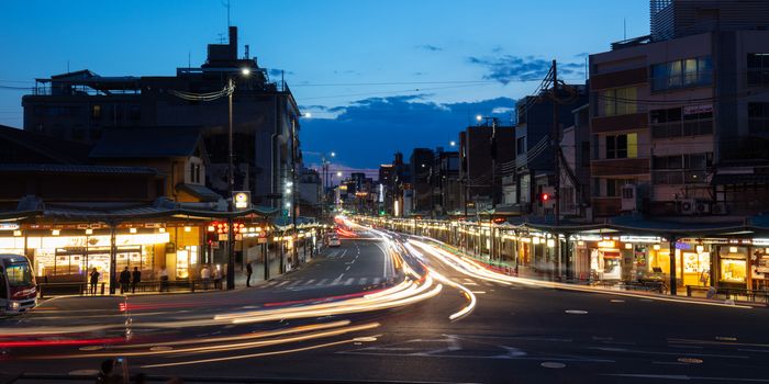 Kyoto, Japan - May 16 2019: The view down Shijo-dori St from Yasaki Shrine in Kyoto, Japan