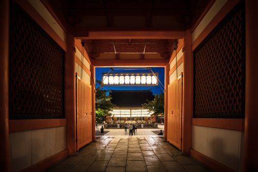 Kyoto, Japan - May 16 2019: Yasaka-Jinja Shrine at Minami-romon Tower Gate in Kyoto, Japan