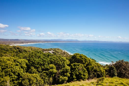 An aerial view of Byron Bay from Byron Bay Lighthouse in Byron Bay, New South Wales, Australia.