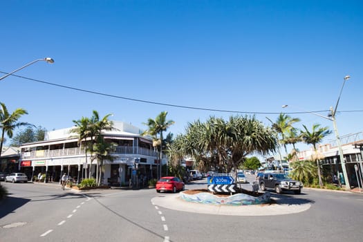 BYRON BAY, AUSTRALIA - April 9 2018: Byron Bay town centre on a warm autumn day during holidays in NSW Australia