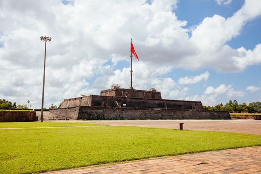 The flag tower and moat of the UNESCO World Heritage site of Imperial Palace and Citadel in Hue, Vietnam