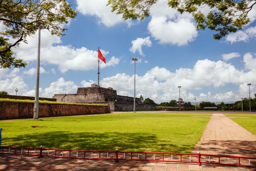 The flag tower and moat of the UNESCO World Heritage site of Imperial Palace and Citadel in Hue, Vietnam