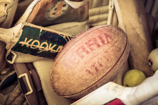 A basket of vintage sporting equipment in Harcourt, Victoria, Australia