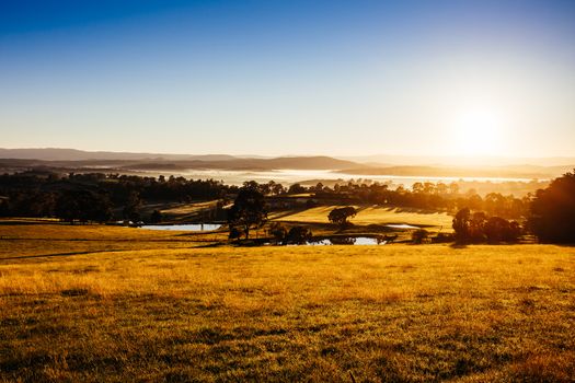 The sun rises at Kangaroo Ground towards Panton Hill on a misty autum morning in Victoria, Australia