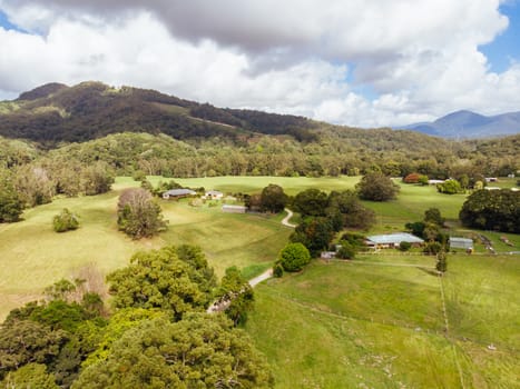 Aerial shot of the landscape around Chillingham in New South Wales, Australia