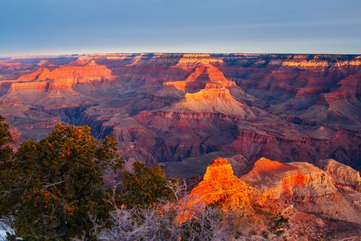 Sunrise views in winter at the South Rim in Grand Canyon, Arizona, USA