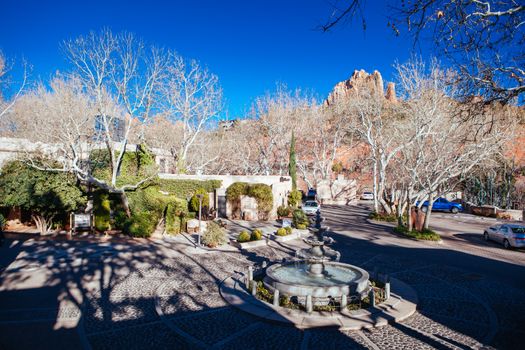 Sedona, USA - February 4 2013: The iconic Tlaquepaque Arts & Crafts Village with stunning architecture in Sedona, Arizona, USA