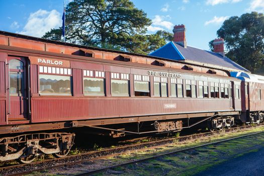 Maldon, Australia - May 11 2014: A steam engine from Victorian Goldfields Railway in Maldon, Victoria, Australia