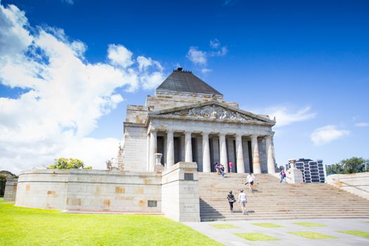 Melbourne Australia - January 30 2015: View of the Shrine of Remembrance with people and tourists in Melbourne, Victoria, Australia