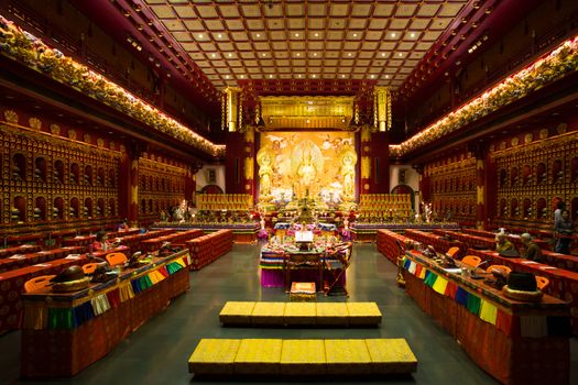 Singapore, June 21 2015: Buddha Tooth Relic Temple interior and details in Chinatown, Singapore