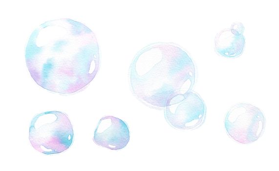soap air bubbles, Undersea effect, watercolor hand painting isolate on white background, clipping path.
