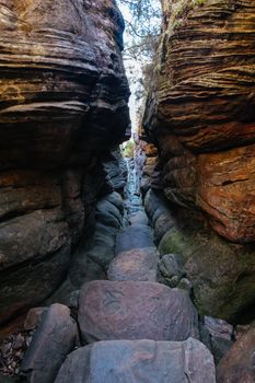 The steep rocky inclines on the famous Wonderland hike towards Pinnacle Lookout near Halls Gap in Victoria, Australia