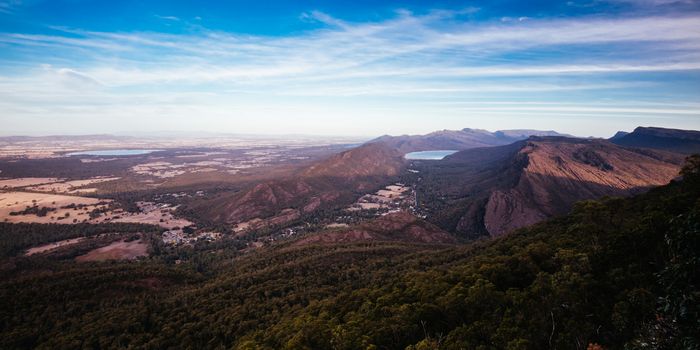 The view at sunset from Boroka Lookout towards Halls Gap and Lake Bellfield in the Grampians, Victoria, Australia