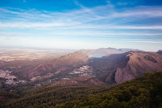 The view at sunset from Boroka Lookout towards Halls Gap and Lake Bellfield in the Grampians, Victoria, Australia