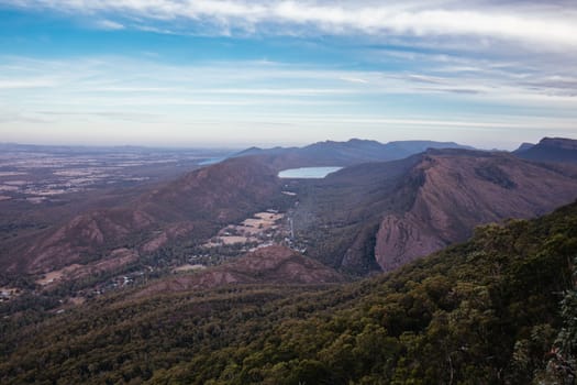 The view at sunset from Boroka Lookout towards Halls Gap and Lake Bellfield in the Grampians, Victoria, Australia